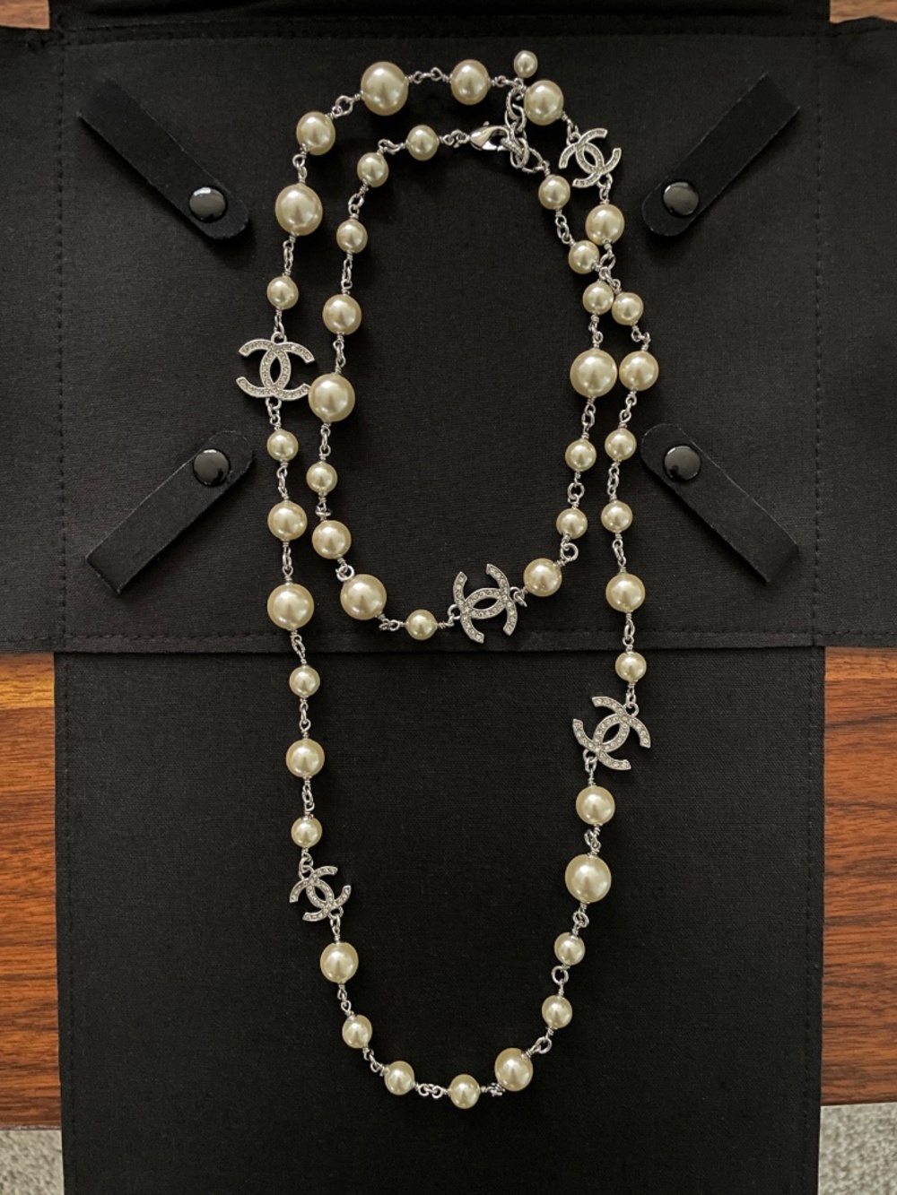 Chanel Long Pearl Necklace Silver Pearls & Crystals